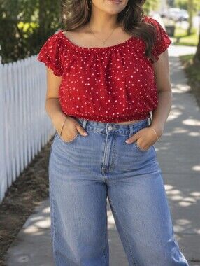 Love, Fire Red Star Print Off Shoulder Crop Top | Elastic Puff Sleeve Boho